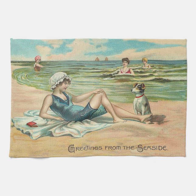 Victorian Beach Swim Girl Ocean Summer Vacation Kitchen Towel (Horizontal)