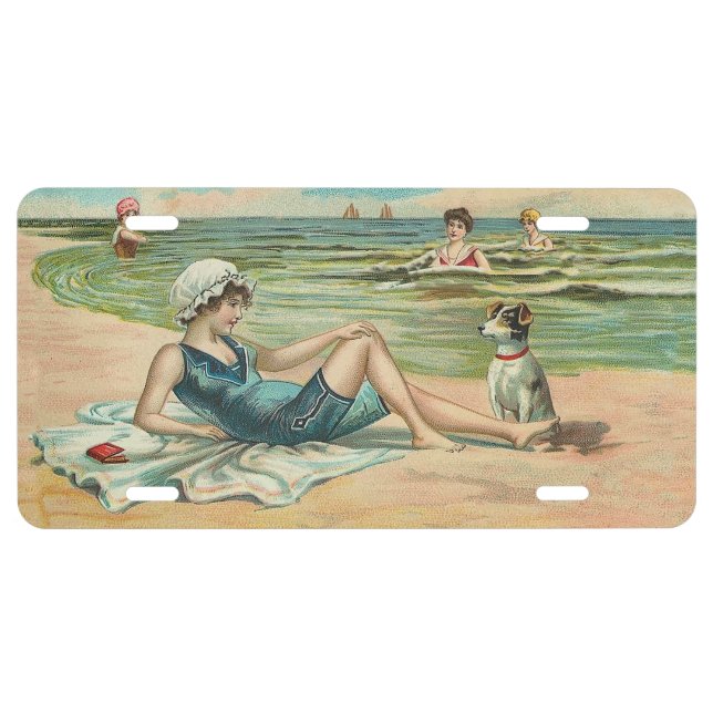 Victorian Beach Swim Girl Ocean Summer Vacation License Plate (Front)