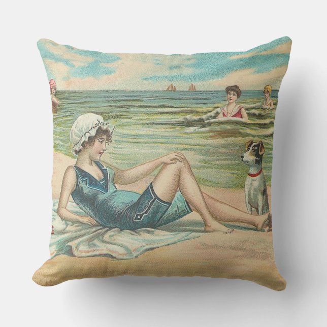 Victorian Beach Swim Girl Ocean Summer Vacation Outdoor Pillow (Front)