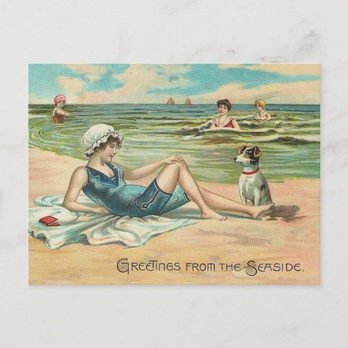Victorian Beach Swim Girl Ocean Summer Vacation Postcard