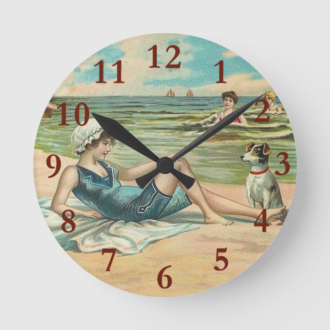Victorian Beach Swim Girl Ocean Summer Vacation Round Clock (Front)