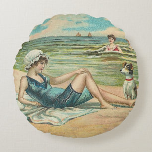 Victorian Beach Swim Girl Ocean Summer Vacation Round Pillow