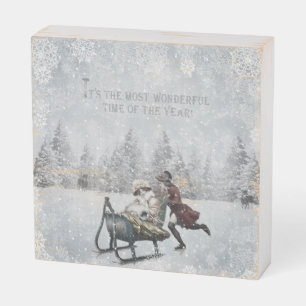 Victorian Beau Pushing His Love in Antique Sleigh Wooden Box Sign