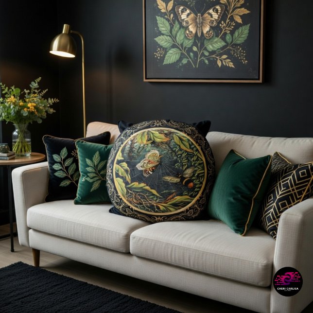 Victorian Bee and Butterfly in Spider Web Round Pillow (Not your average pillow—this one tells a story 🐝🕸️)