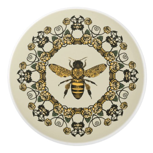 Victorian Bee and Roses Ceramic Knob