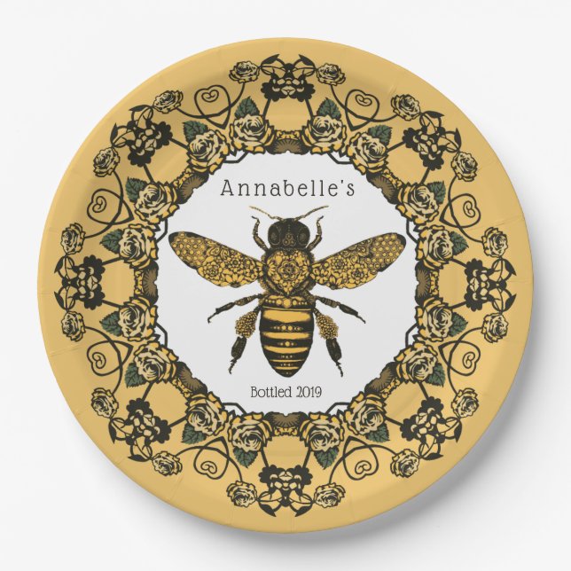 Victorian Bee Honey Label Personalize Paper Plates (Front)