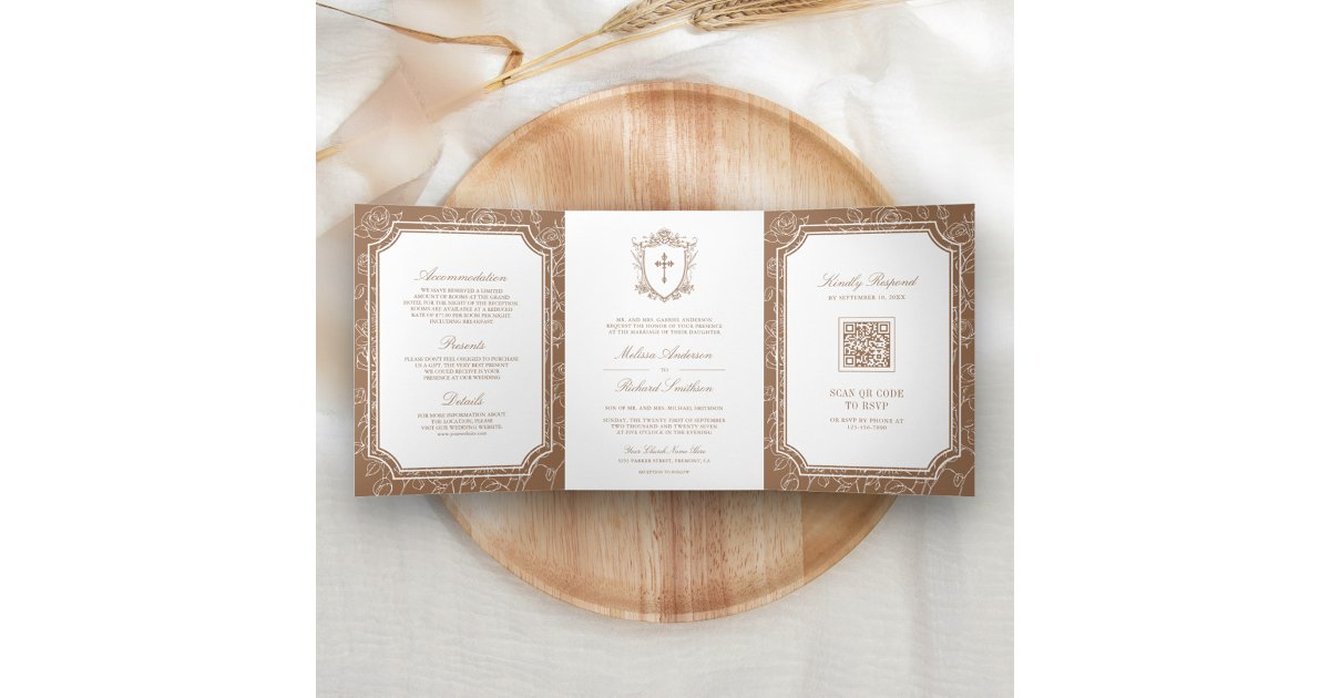 Victorian Beige Catholic QR Code Wedding Tri-Fold Invitation | Zazzle