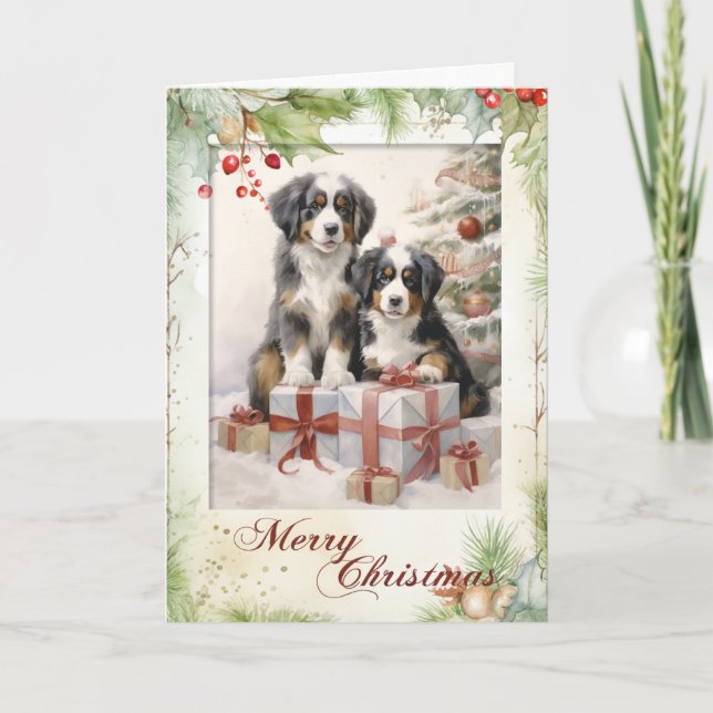 Victorian Bernese Mountain Dog Christmas Holiday Card (Front)