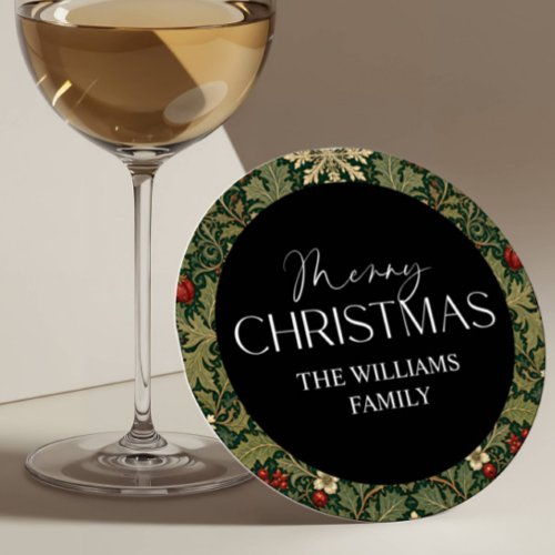 Victorian Berries Dark Botanical Christmas Round Paper Coaster