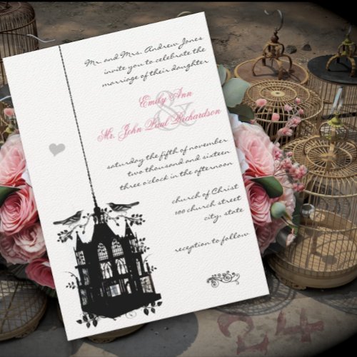 Victorian Bird Cage Pink  Black Wedding Invite