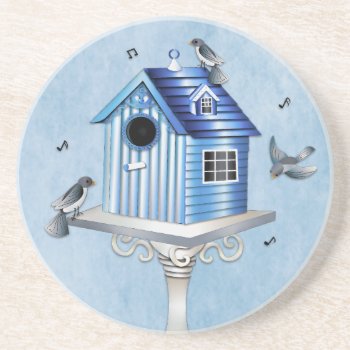 Victorian Birdhouse And Songbirds In Shades Blue Coaster by TrudyWilkerson at Zazzle