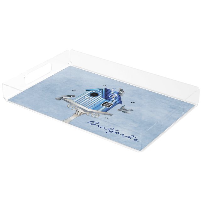 Victorian Birdhouse and Songbirds Shades of Blue  Acrylic Tray (Angled)
