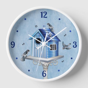 Victorian Birdhouse And Songbirds Shades Of Blue Clock by TrudyWilkerson at Zazzle