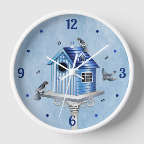 Victorian Birdhouse and Songbirds Shades of Blue Clock
