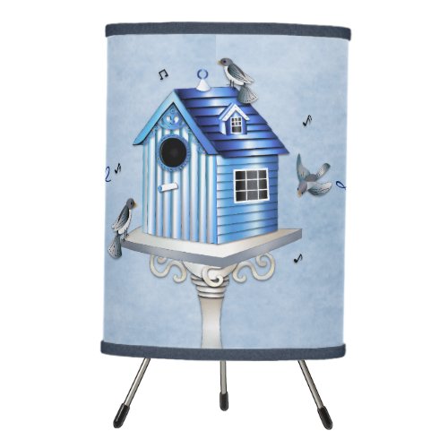 Victorian Birdhouse and Songbirds Shades of Blue Tripod Lamp