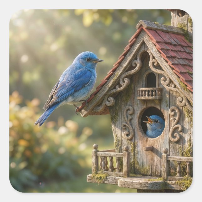 Victorian Birdhouse with Bluebirds Square Sticker (Front)
