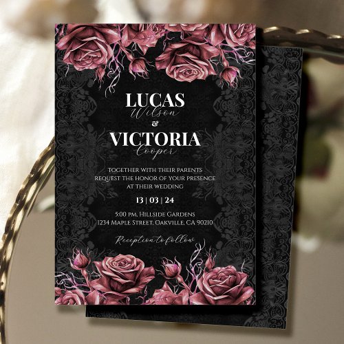 Victorian Black and Red Floral Gothic Wedding  Invitation