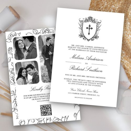 Victorian Black and White Catholic QR Code Wedding Invitation