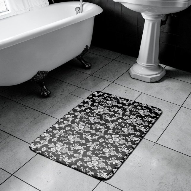 Victorian Black and White Damask Pattern Bath Mat (Creator Uploaded)