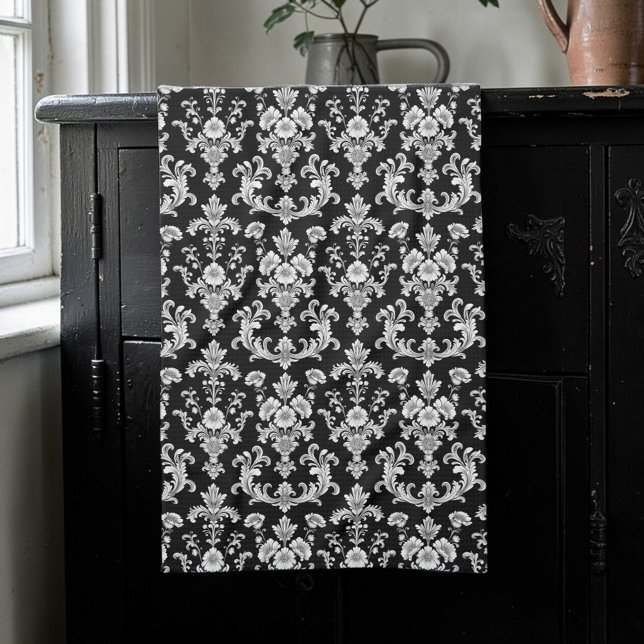 Victorian Black and White Damask Pattern Kitchen Towel (Creator Uploaded)