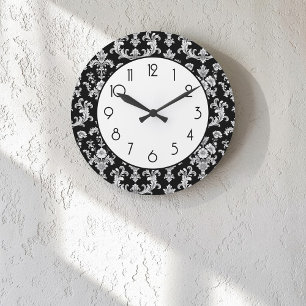 Victorian Black and White Damask Pattern Large Clock