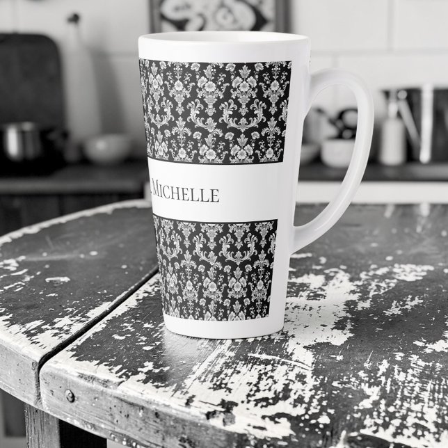 Victorian Black and White Damask Pattern Latte Mug (Creator Uploaded)