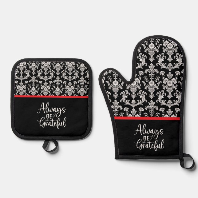 Victorian Black and White Damask Pattern Oven Mitt & Pot Holder Set (Front)