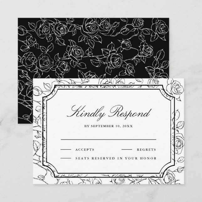 Victorian Black and White Floral Line Art Wedding RSVP Card (Front/Back)