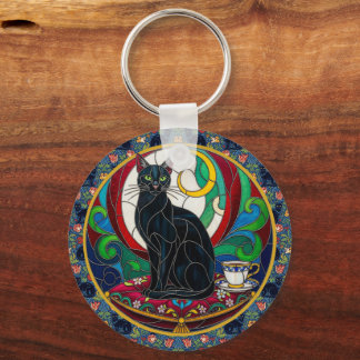 Victorian Black Cat Art Keychain, Vintage Cats Keychain