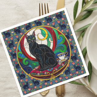 Victorian Black Cat Art Napkins, Vintage Cats Napkins