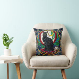 Victorian Black Cat Art Pillow, Vintage Cats Throw Pillow