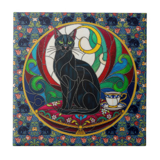 Victorian Black Cat Art Tiles, Vintage Cats Ceramic Tile