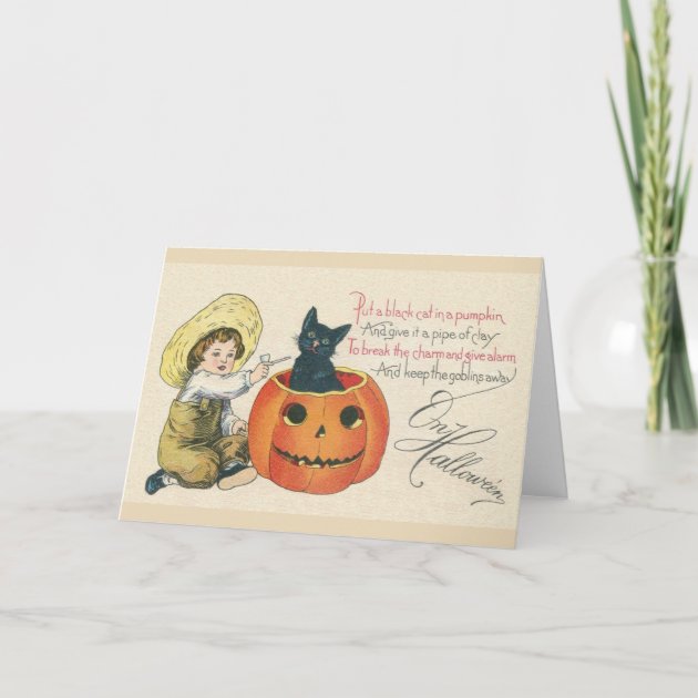 Victorian Black Cat Halloween Greeting Card