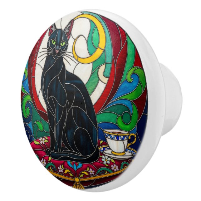 Victorian Black Cat Knob, pillow, mosaic, colorful Ceramic Knob (Right)