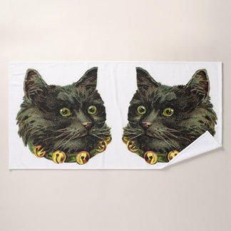 Victorian black cat with bell collar bath towel set
