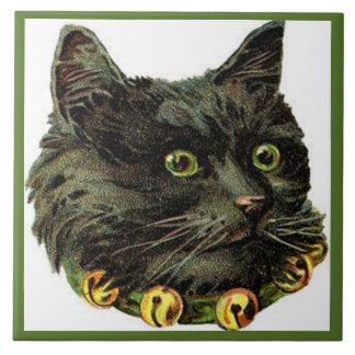 Victorian black cat with bell collar ceramic tile