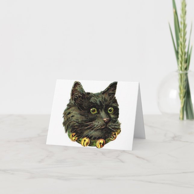 Victorian black cat with bell collar note card (Front)