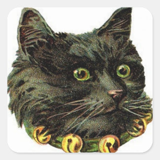 Victorian black cat with bell collar square sticker