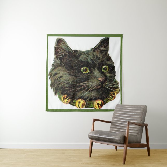 Victorian black cat with bell collar tapestry (In Situ)