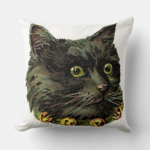 Victorian black cat with bell collar throw pillow