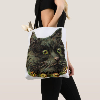 Victorian black cat with bell collar tote bag
