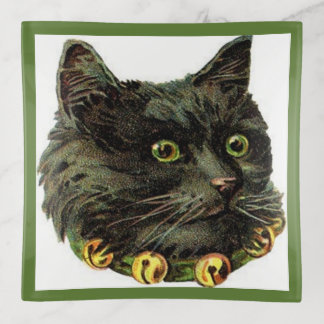 Victorian black cat with bell collar trinket tray