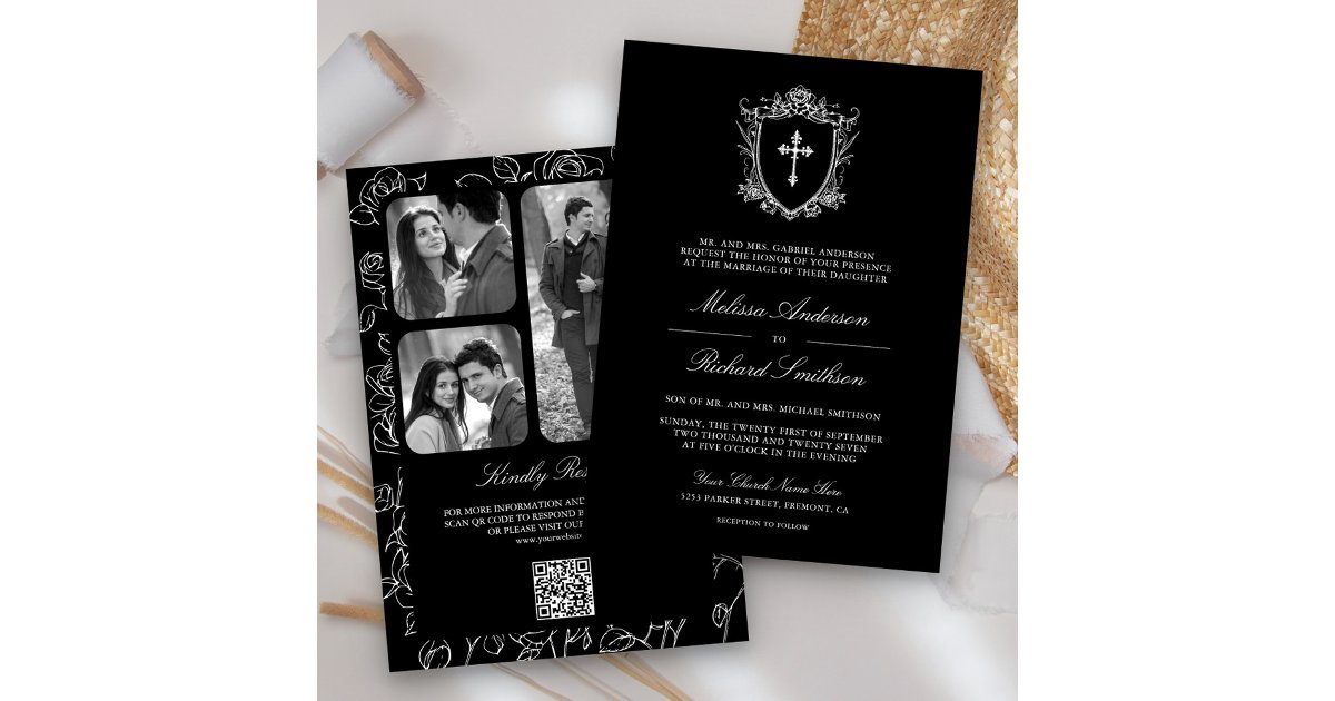 Victorian Black Catholic QR Code Wedding Invitation | Zazzle