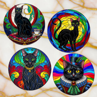 Victorian Black Cats Art Coasters, Vintage Mosaic Coaster Set