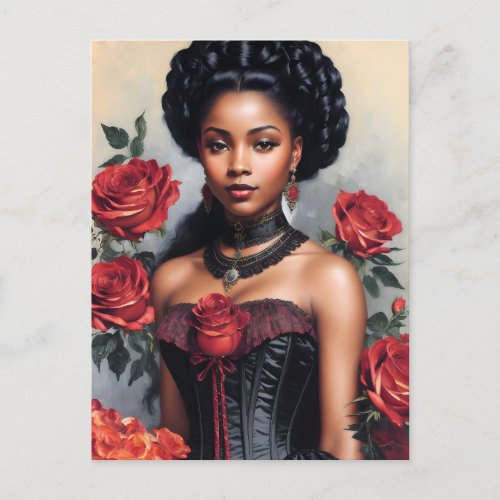 Victorian Black Girl Red Roses Goth Portrait Postcard
