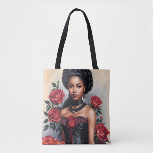 Victorian Black Girl Red Roses Goth Portrait Tote Bag