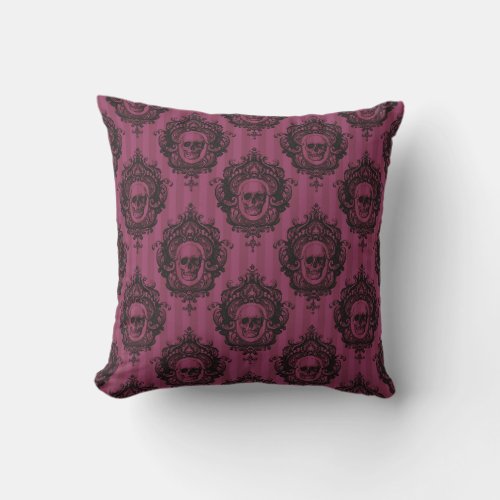 Victorian Black Skulls Pattern Pink Halloween Throw Pillow