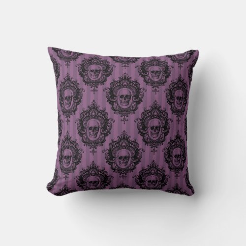 Victorian Black Skulls Pattern Purple Halloween Throw Pillow