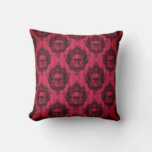 Victorian Black Skulls Pattern Red Halloween Throw Pillow