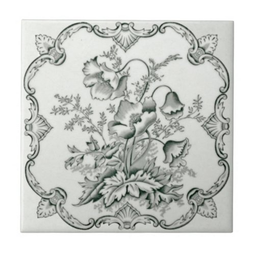 Victorian Black  White Nouveau Floral Repro Wall Ceramic Tile